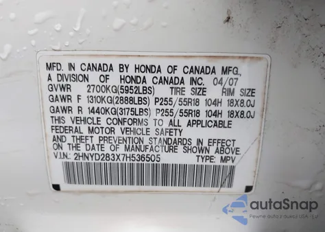 2007 Acura Mdx Technology Package z USA, uszkodzony, nr VIN 2HNYD283X7H536505